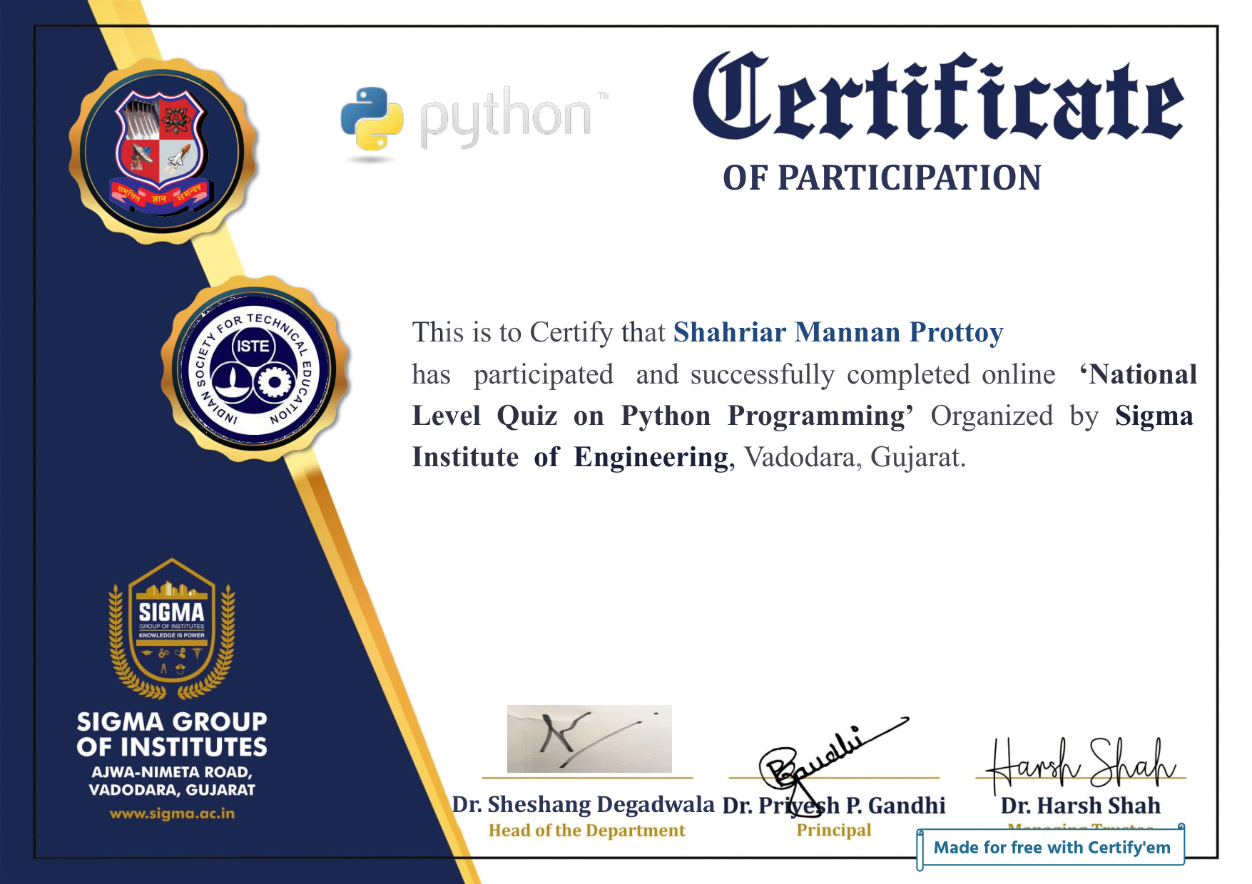 Sigma Institute Certificate